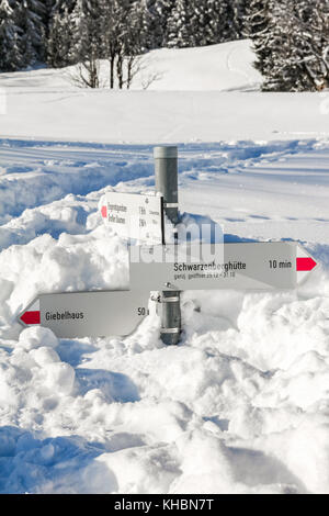 Sentiero escursionistico signpost bastoni fuori di neve profonda in montagne paesaggio invernale sulla giornata di sole. allgau, Baviera, Germania. Foto Stock