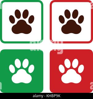 Paw stampa in verde e rosso e cornice quadrata, set di icone, illustrazione vettoriale. Illustrazione Vettoriale