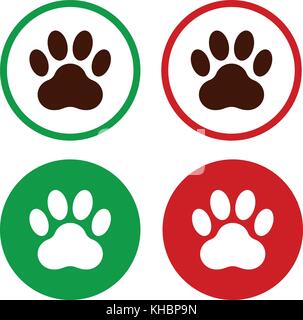Paw stampa in verde e rosso e telaio a cerchio, set di icone, illustrazione vettoriale. Illustrazione Vettoriale