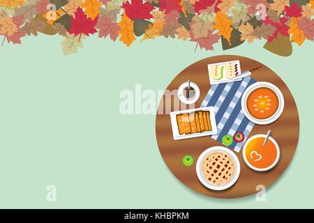 Vista dall'alto sulla arrotondati tavolo in legno con la torta di mele e zucca menu. il bordo superiore del vettore è nervata colorato con foglie autunnali. posto libero ho Illustrazione Vettoriale