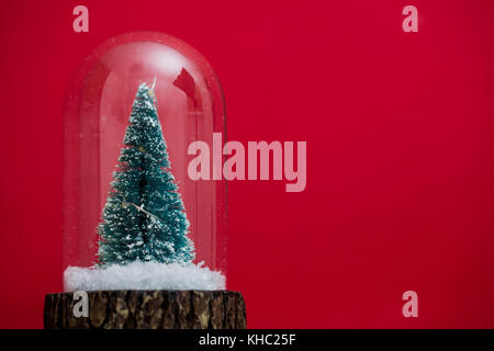 Festa di Natale scena. Albero di natale all'interno di un vetro snowglobe Foto Stock