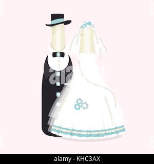 Bottiglie di vino e champagne in tute di sposi novelli. elegante design di nozze abstract lo sposo e la sposa negozio di souvenir, torta decorazioni. illustrazione vettoriale. Illustrazione Vettoriale