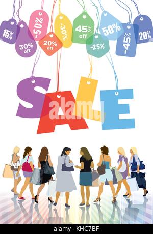 Vendita. gruppo di shopping le donne con le borse della spesa in un negozio. venerdì nero. Illustrazione Vettoriale