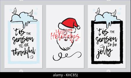 Set di vettore di disegnati a mano di biglietti d'auguri. grande stampa per inviti, poster tag. BUON NATALE.felice anno nuovo. buone vacanze. festive banner Illustrazione Vettoriale