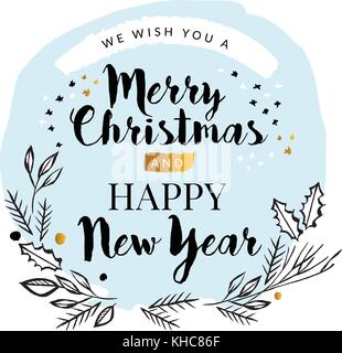 Set di vettore di disegnati a mano di biglietti d'auguri. grande stampa per inviti, poster tag. BUON NATALE.felice anno nuovo. buone vacanze. festive banner Illustrazione Vettoriale