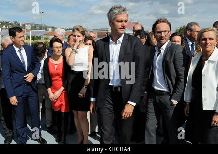 Laurent Wauquiez presenta i suoi compagni candidati alle elezioni regionali, Lione, Francia Foto Stock