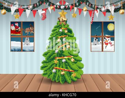 Albero di natale nel partito camera decorata sfondo Illustrazione Vettoriale