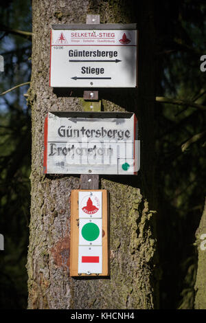 Beschilderung von Wanderweg-Stieg im Harz Foto Stock