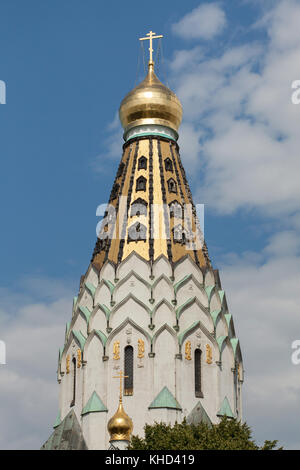 Il russo della chiesa memoriale progettato dall architetto russo Vladimir Pokrovsky di Leipzig, in Sassonia, Germania. Il russo della chiesa memoriale dedicato a San Alessio di Mosca è stato costruito nel 1913 per commemorare il centenario del 1813 la battaglia delle nazioni. Foto Stock