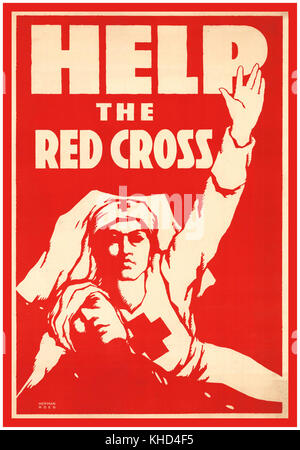 La Prima Guerra Mondiale la propaganda Poster 1918 'Aiutare la Croce Rossa' American Poster raffigurante una croce rossa infermiera tenendo un soldato ferito come ella segnali per aiutare Foto Stock