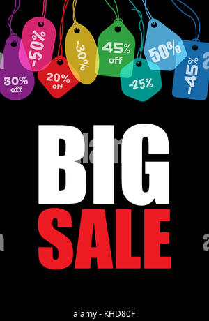 Grande vendita. creative poster colorati di nero venerdì, modello di disegno su sfondo nero. Foto Stock