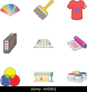 Stampa icone polygraphy set, stile cartoon Illustrazione Vettoriale