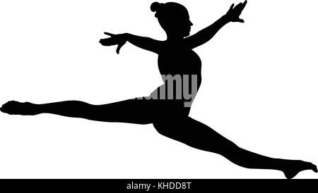 Split jump ginnasta ragazza in concorrenza ginnastica silhouette nera Illustrazione Vettoriale