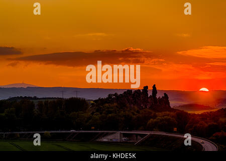 Teufelsmauer bei Thale im Sonnenuntergang Foto Stock