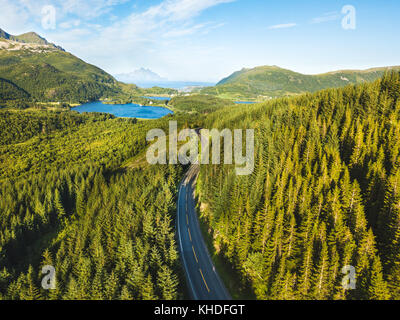 Bella vista aerea di strada asfaltata nel bosco Foto Stock