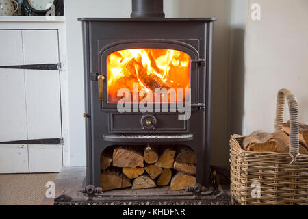 Calde fiamme di fuoco bruciando i registri in ClearView multifuel domestico stufa bruciatore interno home, REGNO UNITO Foto Stock