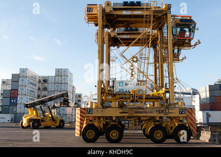 Auckland, Nuova Zelanda - 17 aprile 2012: noell straddle carrier e la pila di contenitori al porto di Auckland. Foto Stock