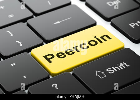 Concetto blockchain: peercoin sulla tastiera del computer sullo sfondo Foto Stock