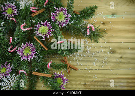 Gastronomia natalizia immagine di fotografia di verde albero di natale rami con bastoncini di cannella freschi fiori invernali e candy canes spruzzata nella neve Foto Stock