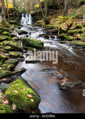 Goitstock cascata in autunno Goitstock Cullingworth legno West Yorkshire Inghilterra Foto Stock