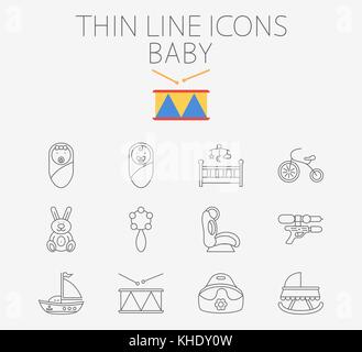Baby linea sottile vector icon set per il web e applicazioni per dispositivi mobili. Il set include - baby boy, ragazza, culle, triciclo, coniglio, Rattle, sedile auto, pistola, nave, dr. Illustrazione Vettoriale