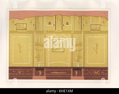 Curioso dipinto in colori smorzati dalla oecus (salon) della Casa del Meleagro o la casa di Meleagro, Reg. VI, Ins. IX, n. 2. Chromolithograph da Victor Steeger dopo una illustrazione da Geremia Discanno da Emile Presuhn's Les Plus Belles Peintures de Pompei (i più bei dipinti di Pompei), Lipsia, 1881. Foto Stock