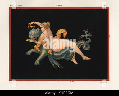 Nereide ninfa del mare supportata da un mostro, metà panther e metà pesce. Museo Naz. XXII, Stabiae. Chromolithograph da Victor Steeger dopo una illustrazione da Geremia Discanno da Emile Presuhn's Les Plus Belles Peintures de Pompei (i più bei dipinti di Pompei), Lipsia, 1881. Foto Stock