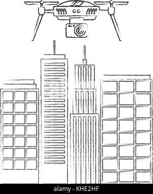 Drone con fotocamera battenti sul panorama della città di edifici Illustrazione Vettoriale