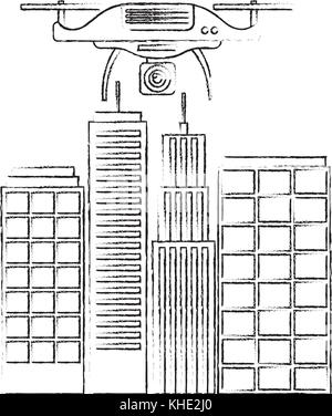 Drone con fotocamera battenti sul panorama della città di edifici Illustrazione Vettoriale