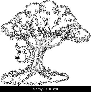 Da favola Big Bad Wolf e Tree Cartoon Illustrazione Vettoriale