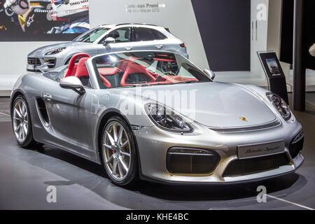 Bruxelles - Jan 12, 2016: Nuova Porsche Boxster Spyder auto sportiva presentati presso il Bruxelles Motor Show. Foto Stock