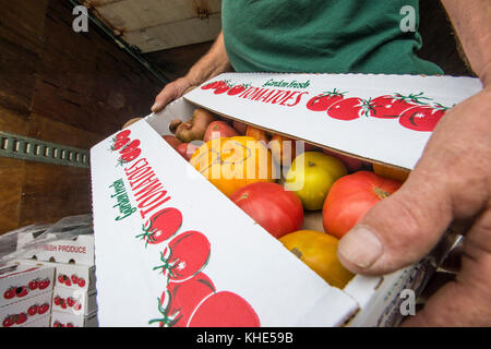 I conducenti dei coltivatori biologici di Tuscarora (TOG) Ray Smith (con CAP) e James Hall consegnano prodotti biologici ad ogni mercato di Peach a Washington, D.C., martedì 2 agosto 2016. Ogni Peach Market, fondato nel 2013, è un negozio di alimentari a servizio completo che fornisce prodotti, latticini, uova fresche, carne, birra e vino, cibi preparati e altro ancora a Washington, D.C., martedì 2 agosto 2016. Il personale è pronto e in grado di raccontare come e dove provengono i cibi e suggerire come preparare i pasti. Jeanelouise Conaway e Emily Freidberg co-possiedono il mercato, come dicono "…condividere il nostro amore per il buon cibo e il DI Foto Stock