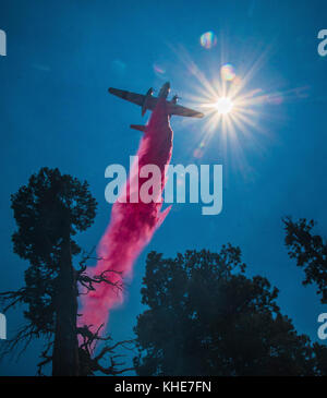 Cedro operazioni antincendio includono aria scesa ritardante del fuoco sulla montagna nera negli Stati Uniti Del Dipartimento dell'agricoltura (USDA) Forest Service (FS) Sequoia National Forest, vicino a Alta Sierra, CA, martedì 23 agosto, 2016 Foto Stock