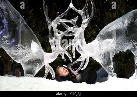 Il maestro scultore del ghiaccio Jack Hackney mette il tocco finale a una scultura su ghiaccio composta da due scalini, che fa parte della prossima mostra The Ice Adventure: A Journey through Frozen Scotland, a George Street, Edimburgo. Foto Stock