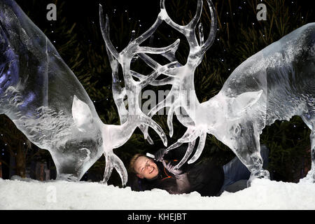 Il maestro scultore del ghiaccio Jack Hackney mette il tocco finale a una scultura su ghiaccio composta da due scalini, che fa parte della prossima mostra The Ice Adventure: A Journey through Frozen Scotland, a George Street, Edimburgo. Foto Stock