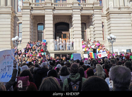 Lafayette, indiana - gennaio 21 2017: manifestanti pacifici a anti-trump womenõs marzo sui gradini della tippecanoe County Courthouse. approximat Foto Stock