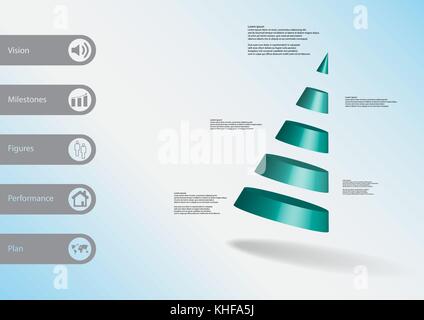 3d illustrazione modello infografico con motivo del cono diviso in cinque parti blu askew disposti con un semplice segno e un testo di esempio sul lato a barre. li Illustrazione Vettoriale