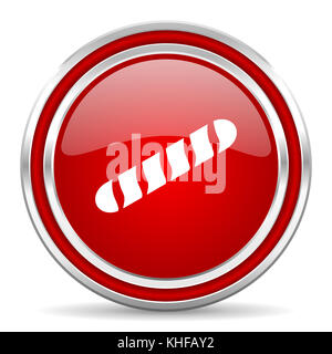 Baguette rosso argento con bordo cromato metallizzato e icona del telefono cellulare su sfondo bianco con ombra Foto Stock