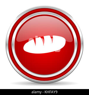 Icona Web con bordo cromato metallizzato color argento e rosso pane su sfondo bianco con ombra Foto Stock