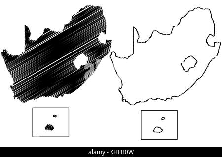 Sud Africa mappa illustrazione vettoriale, scribble schizzo fsa, Prince Edward Island, Marion Island, Illustrazione Vettoriale