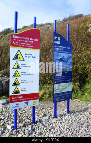 Segnaletica informativa su Monmouth Beach, Lyme Regis, Dorset, UK - John Gollop Foto Stock