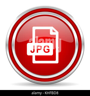 File JPG rosso argento con bordo cromato metallizzato icona del Web e del telefono cellulare su sfondo bianco con ombra Foto Stock
