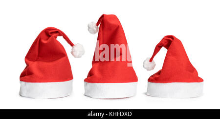 Natale rosso cappelli. isolato su bianco, vista laterale Foto Stock