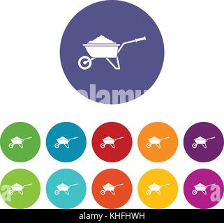 Carriola caricata con terreno impostare le icone in colori diversi isolati su sfondo bianco Illustrazione Vettoriale