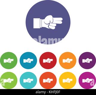 La mano che mostra due dita impostare le icone in colori diversi isolati su sfondo bianco Illustrazione Vettoriale