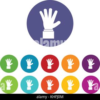 La mano che mostra cinque dita di impostare le icone in colori diversi isolati su sfondo bianco Illustrazione Vettoriale