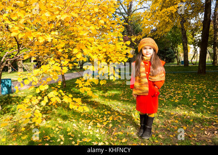 Autunno ritratto di bel bambino. Felice bambina con le foglie nel parco in autunno. Foto Stock