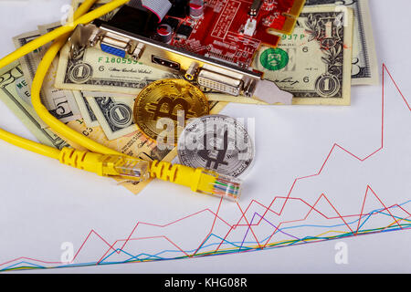 Golden bitcoin monete su una carta di dollari . moneta virtuale. crypto valuta. nuovo denaro virtuale dollari denaro. lens flare moneta bitcoin dollari graphic Foto Stock