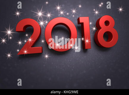 Nuova data dell'anno 2018 colorato in rosso, scintillanti su uno sfondo nero - 3d illustrazione Foto Stock