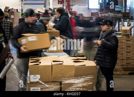 61 studenti provenienti da Lawrenceville School, Lawrenceville, NJ, pack U.S. Del Dipartimento dell'agricoltura (USDA) Alimenti e Nutrizione Servizio (FNS) merce supplementare Programma Alimentare (PESC) scatole come parte della Comunità FoodBank del New Jersey operazioni su gennaio 20, 2016 in collina, New Jersey. Foto Stock